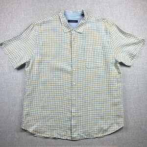 Tommy‎ Bahama 100% Linen Plaid Button Up Short Sleeve Shirt Mens 3XL Blue Yellow